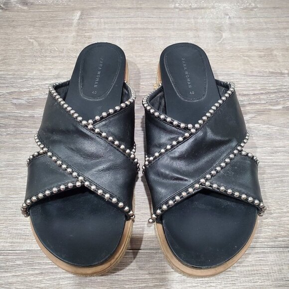 Zara Black Silver Studded Cross Strap Slides Womens 9 Open Toe Slip On Sandals - Picture 3 of 15
